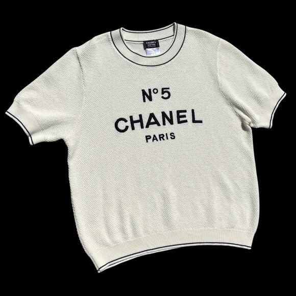 CHANEL Uniform Short Sleeve Creamy Beige Cotton Shirt Embroidered Logo No. 5 - Picture 2 of 10